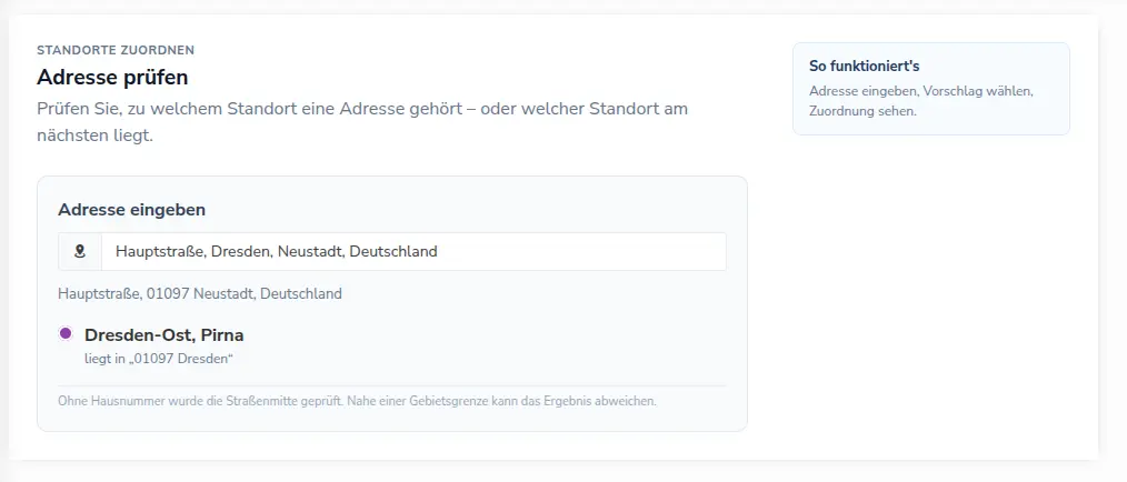 Adressprüfung mit zuständigem Standort