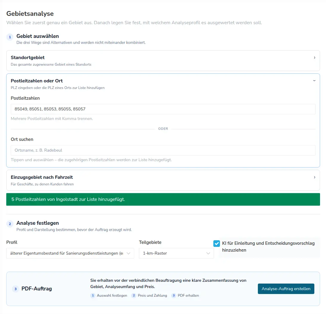 Analyseeingabe mit Adresse, Fahrzeit und Profilwahl