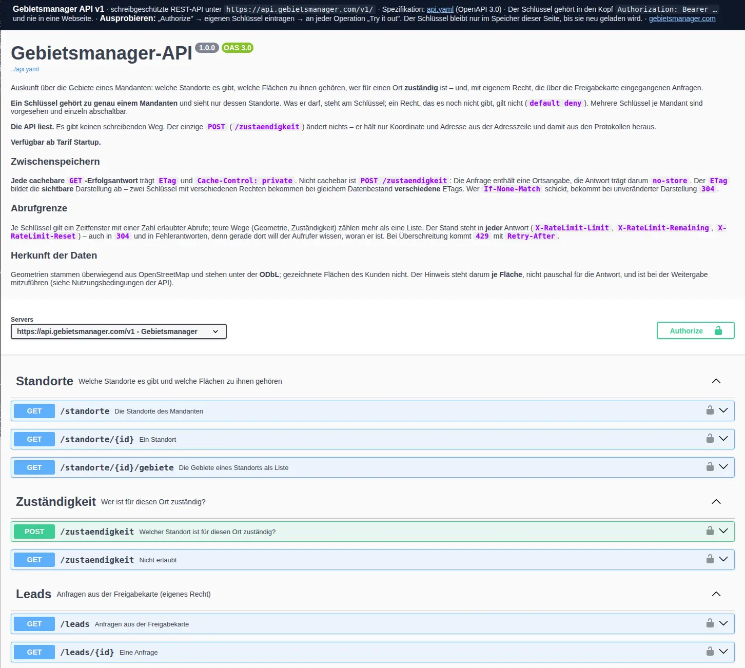 API-Dokumentation mit Zuständigkeitsabfrage