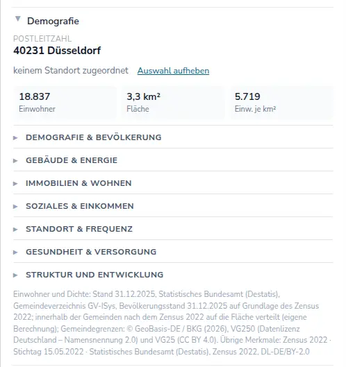 Gebietsansicht mit Datenpaketen und Datenständen