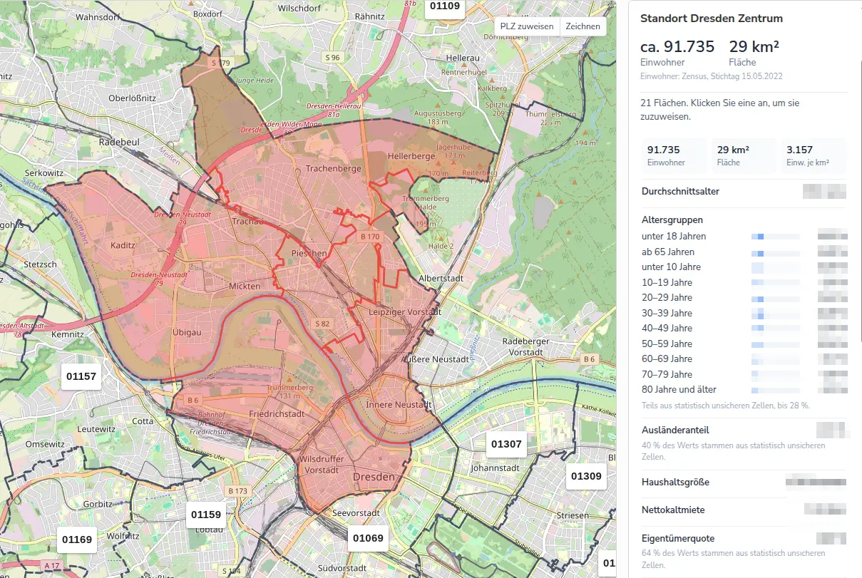 Gebietsmanager mit einem geplanten Gebiet in Dresden und zugehörigen Standortdaten