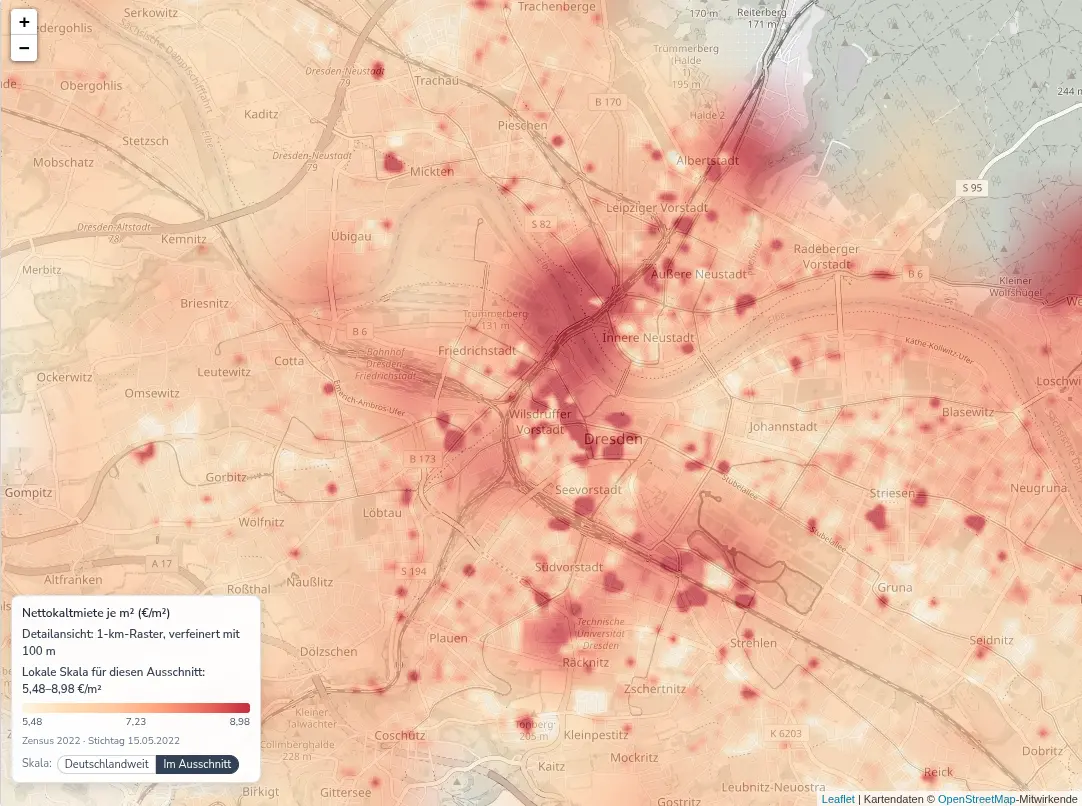 Heatmap zur Nettokaltmiete in Dresden