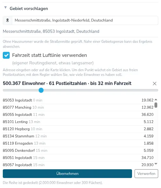 Gebietsvorschlag mit Adresse, Einwohner-Regler und Fahrzeit